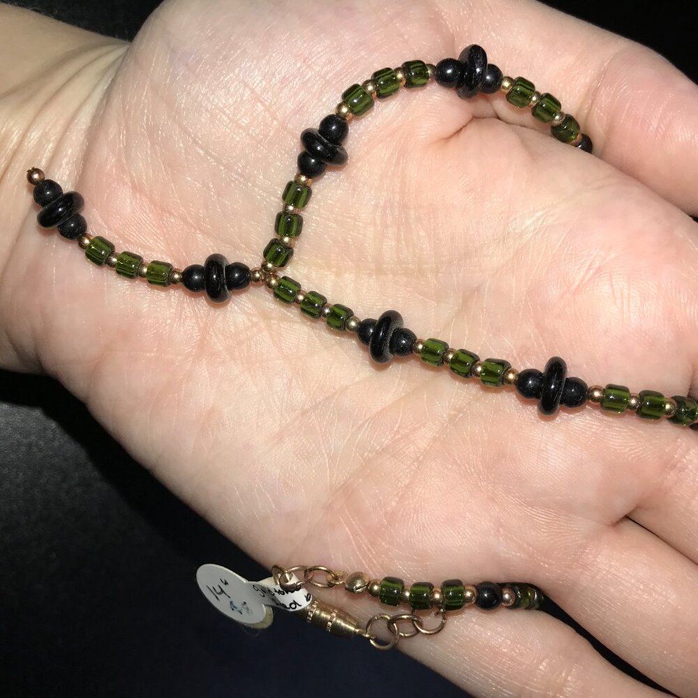 14 1/2" long Green and gold with Obsidian Y Necklace